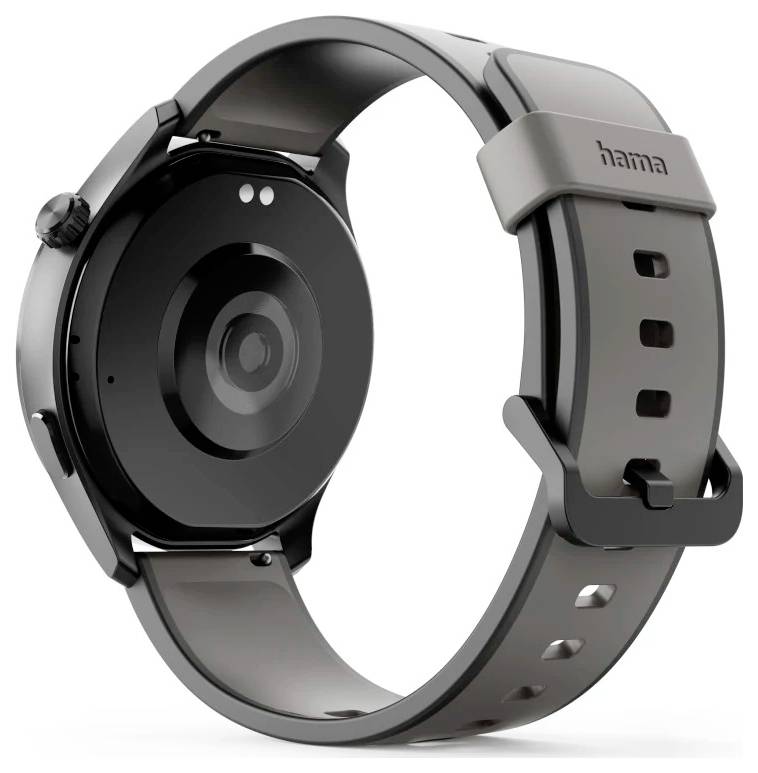 Eine Smartwatch mit einem schwarzen runden Zifferblatt und einem grauen verstellbaren Armband, von hinten betrachtet, mit sichtbarem Sensorbereich.