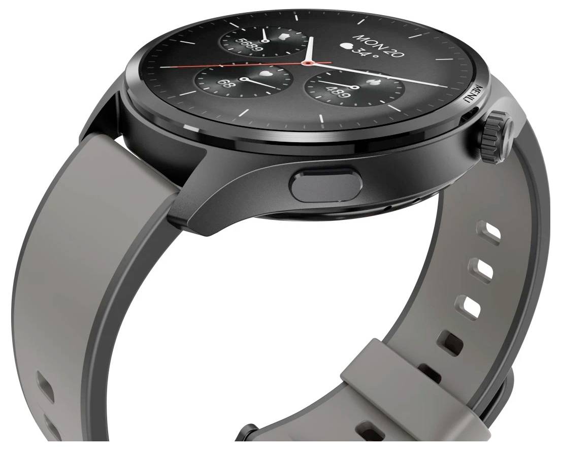 Eine schwarze moderne Smartwatch mit elegantem Design, die ein analoges Zifferblatt mit drei Unterwahlzifferblättern und einem Datumsanzeigefenster zeigt, an einem grauen Armband.