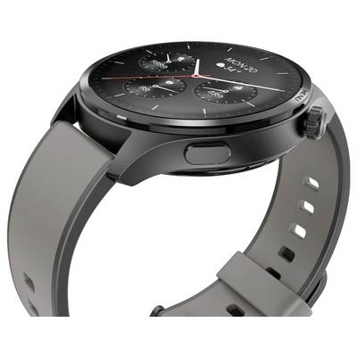 Eine schwarze moderne Smartwatch mit elegantem Design, die ein analoges Zifferblatt mit drei Unterwahlzifferblättern und einem Datumsanzeigefenster zeigt, an einem grauen Armband.