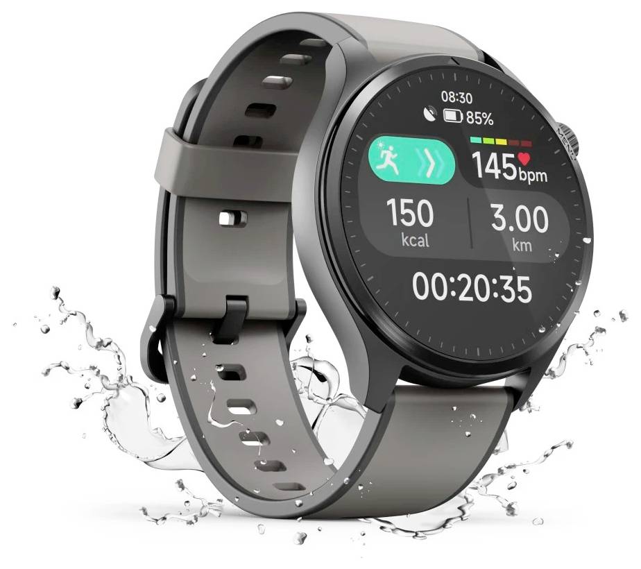 Eine Smartwatch zeigt die Zeit, eine Herzfrequenz von 145 Schlägen pro Minute, eine Distanz von 3 km und 150 verbrannte Kalorien an. Wasserspritzer betonen die wasserdichte Eigenschaft des Geräts.