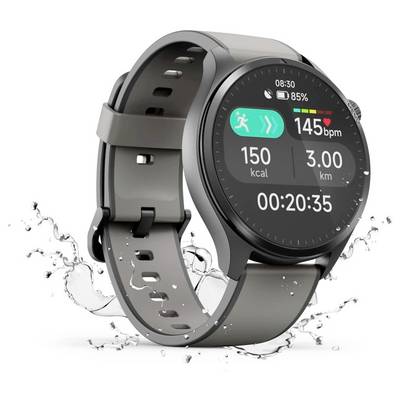 Eine Smartwatch zeigt die Zeit, eine Herzfrequenz von 145 Schlägen pro Minute, eine Distanz von 3 km und 150 verbrannte Kalorien an. Wasserspritzer betonen die wasserdichte Eigenschaft des Geräts.