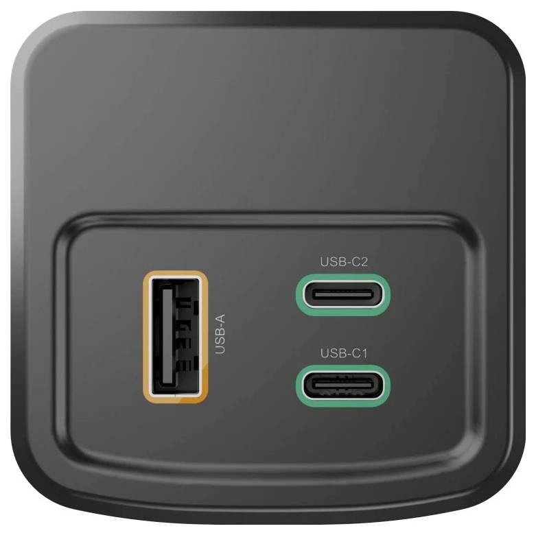 Ein schwarzes Ladegerät mit zwei USB-C-Anschlüssen, die mit USB-C1 und USB-C2 beschriftet sind, und einem USB-A-Anschluss.