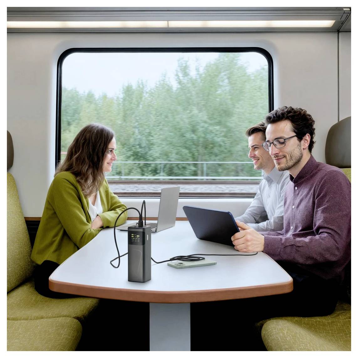 Zwei Personen, die an Laptops arbeiten, und eine weitere Person, die in einem Zug sitzt. Die Szene zeigt Zusammenarbeit und Reisen, mit einem Blick nach draußen.