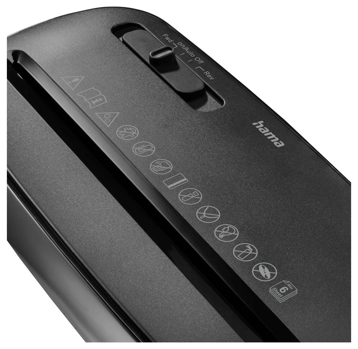 Ein schwarzer Hama-Aktenvernichter mit Sicherheitssymbolen und einem Schiebeschalter, der auf der Oberfläche mit "Auto Ein/Aus Rückwärts" beschriftet ist.