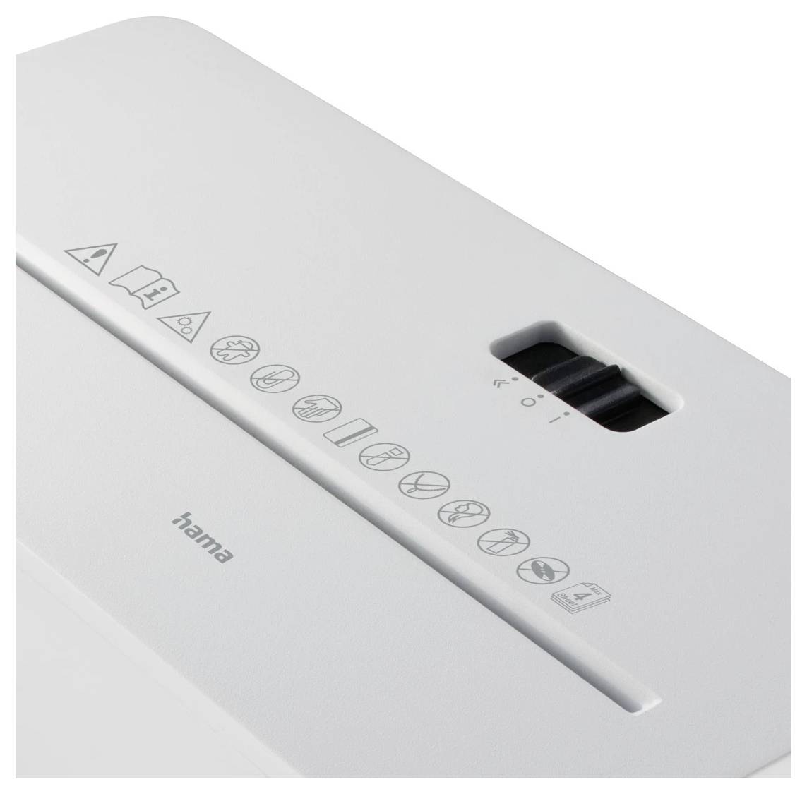 Weißer Papierschredder mit Kontrollsymbolen auf der Oberseite und einem Schiebeschalter.