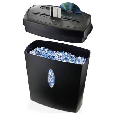 Ein schwarzer Aktenvernichter mit einem Schlitz für CDs und Kreditkarten, der Papier in einen Behälter mit blauen und weißen Streifen zerkleinert.