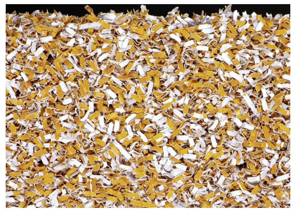 Ein schwarzer Aktenvernichter mit einem vorderen Sichtfenster, das zerrissenes Papier im Behälter zeigt. Ein Blatt Papier ist oben teilweise zerrissen.