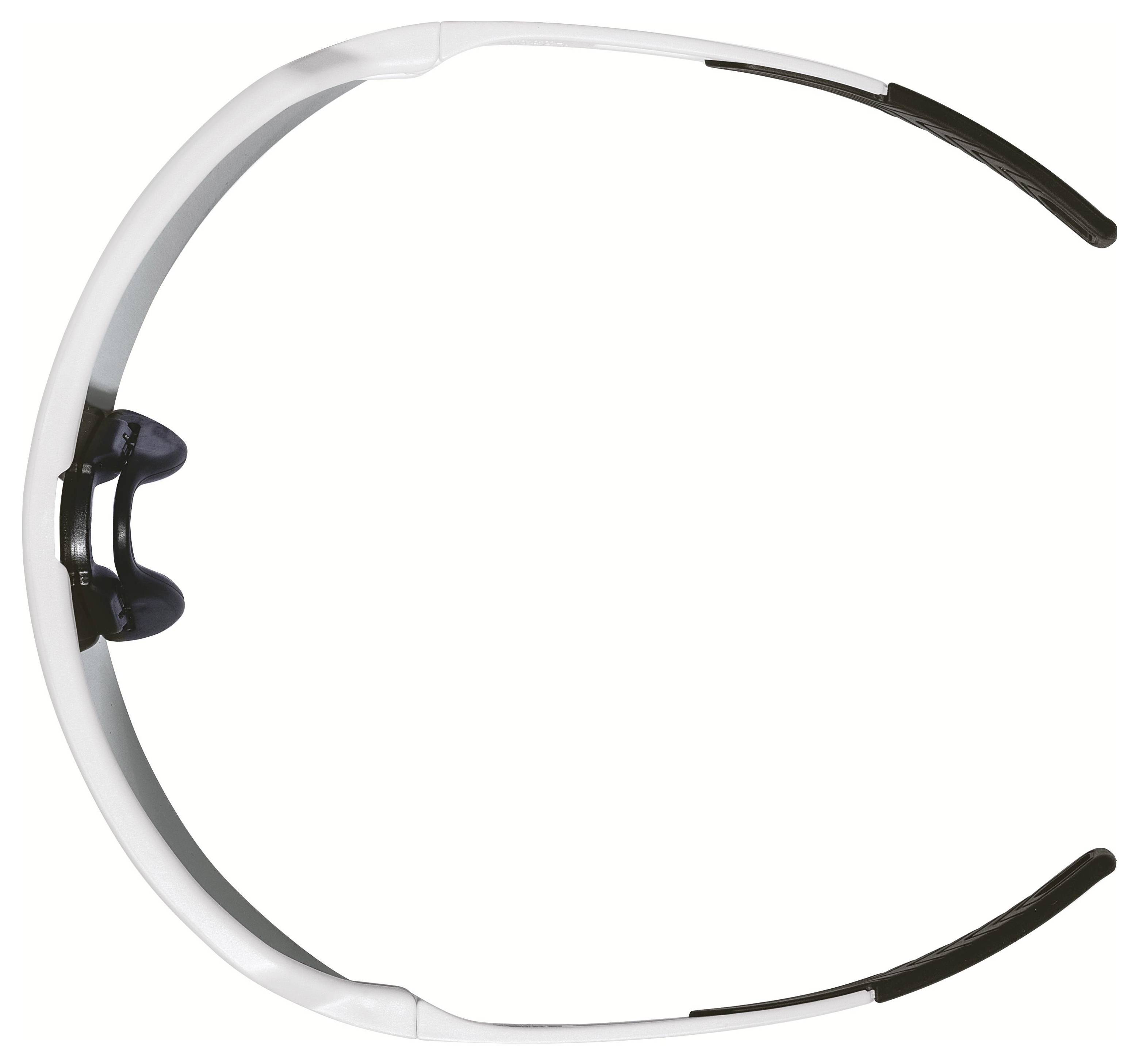 Ein weißes, gebogenes tragbares Gerät mit schwarzem gepolstertem Inneren, das einer Brille ohne Gläser ähnelt, von oben gegen einen weißen Hintergrund gesehen.