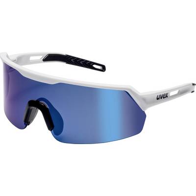 Sportliche Sonnenbrille mit einem schlanken weißen Rahmen und reflektierenden blauen Gläsern, konzipiert für aktive Outdoor-Aktivitäten.