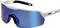 Sportliche Sonnenbrille mit einem schlanken weißen Rahmen und reflektierenden blauen Gläsern, konzipiert für aktive Outdoor-Aktivitäten.