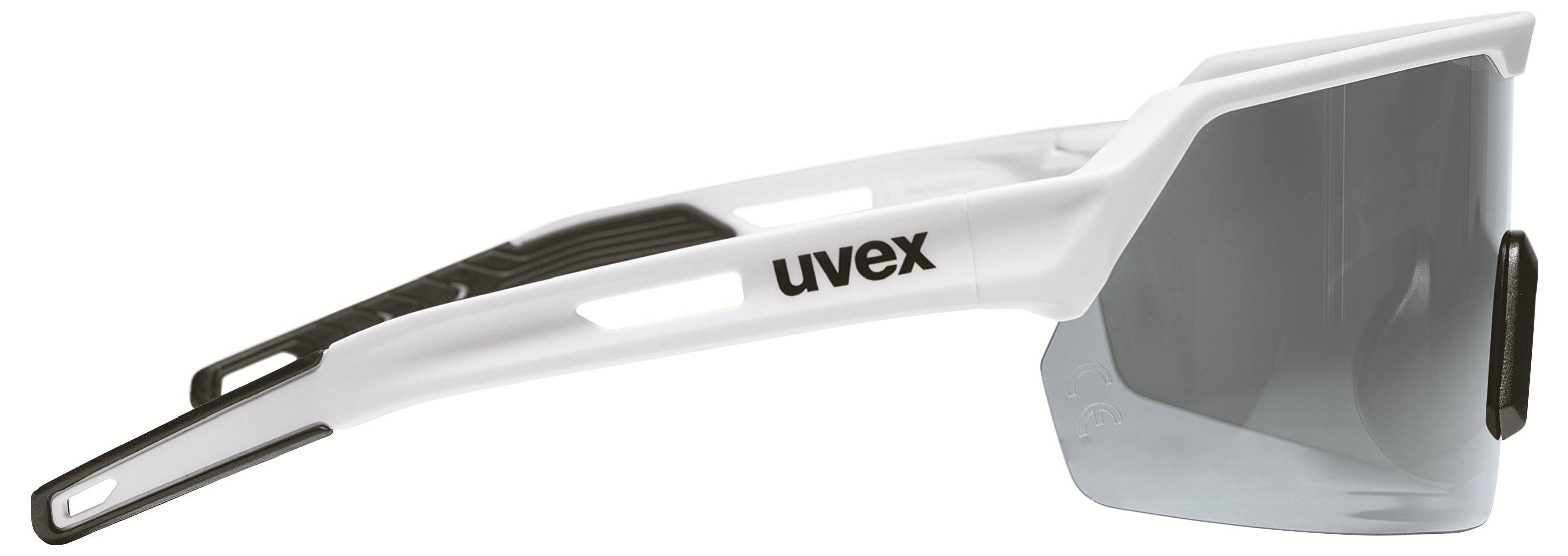Weiße Sports-Sonnenbrille mit elegantem Design und getönten Gläsern. Der Markenname 'uvex' ist am Bügel sichtbar.