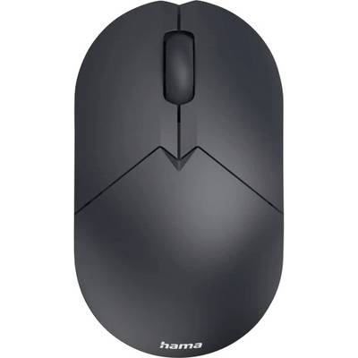 Eine elegante schwarze Computermaus mit Scrollrad, die durch ihr minimalistisches Design besticht und den Markennamen 'hama' am unteren Rand trägt.