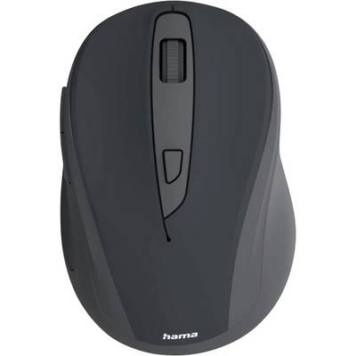 Eine schwarze kabellose Computermaus mit Scrollrad, zwei Tasten und ergonomischem Design, am Boden mit dem Schriftzug 'hama' gebrandmarkt.