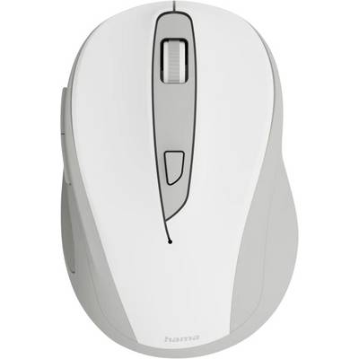 Eine weiße und graue kabellose Computermaus mit einem Scrollrad und einer zentralen Taste, von oben betrachtet.