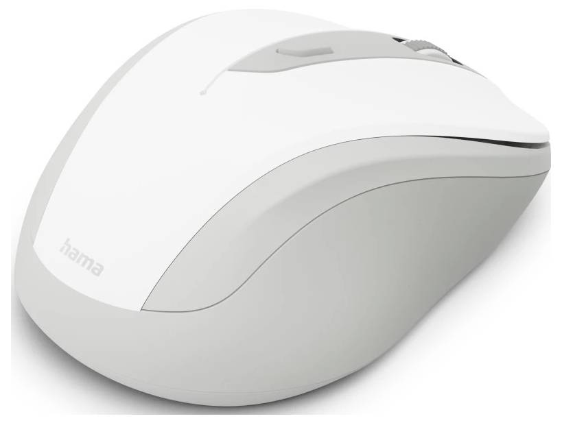 Eine weiße kabellose Computer-Maus mit Scrollrad, leicht nach rechts geneigt. Der Markenname 'hama' ist auf der Seite gedruckt.