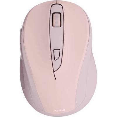 Eine pink farbene kabellose Computer-Maus mit einem Scrollrad und seitlichen Tasten, auf deren Unterseite die Marke 'hama' angebracht ist.