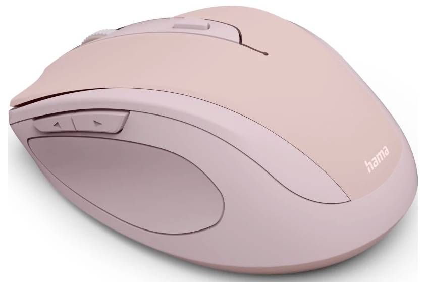 Eine rosa kabellose Computermaus mit Seitentasten und einem Scrollrad, ergonomisch gestaltet und mit der Markenbezeichnung 'hama'.