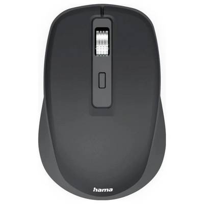 Eine schwarze kabellose Computermaus mit einem Scrollrad und einer Taste oben, unten mit 'hama' beschriftet, vor einem weißen Hintergrund.