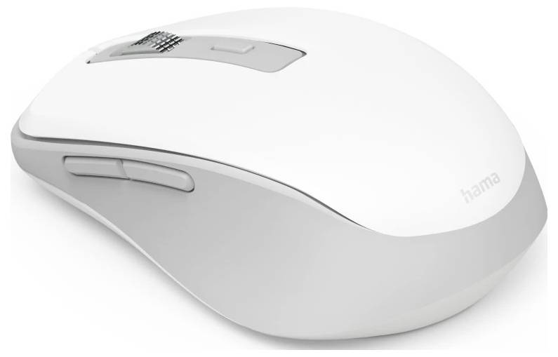 Eine weiße drahtlose Computermaus mit zwei seitlichen Tasten und einem Scrollrad.