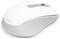 Eine weiße kabellose Computermaus mit Scrollrad und zwei Tasten, ergonomisch gestaltet. Der Markenname ist seitlich sichtbar.
