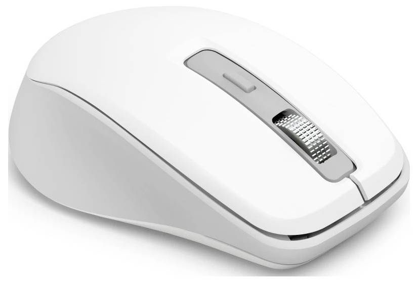 Eine weiße kabellose Computermaus mit einem grauen Scrollrad, von der Seite betrachtet.