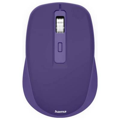 Eine lila drahtlose Computermaus mit einem Scrollrad und einer Taste in der Mitte. Der Markenname 'hama' ist unten aufgedruckt.