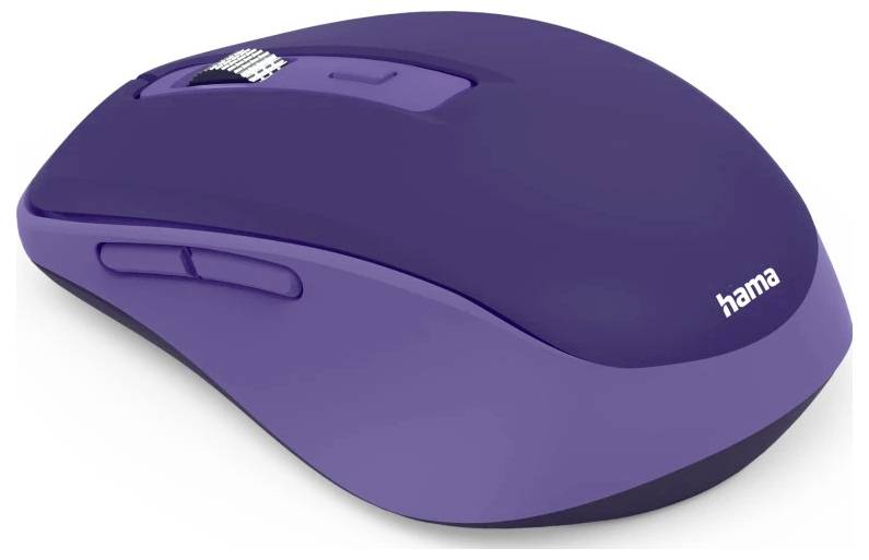 Eine drahtlose violette Computermaus mit einem Scrollrad und Markennamen an der Seite.