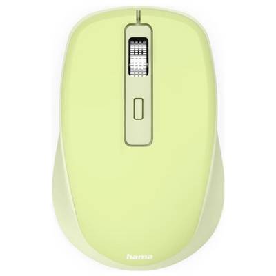 Eine hellgrüne Computermaus mit einem Scrollrad und einer Taste. Das Wort 'Hama' ist auf der Unterseite gedruckt.