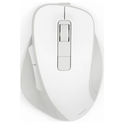 Eine weiße kabellose Computermaus mit ergonomischem Design und zentralem Scrollrad, geeignet für Links- und Rechtshänder.