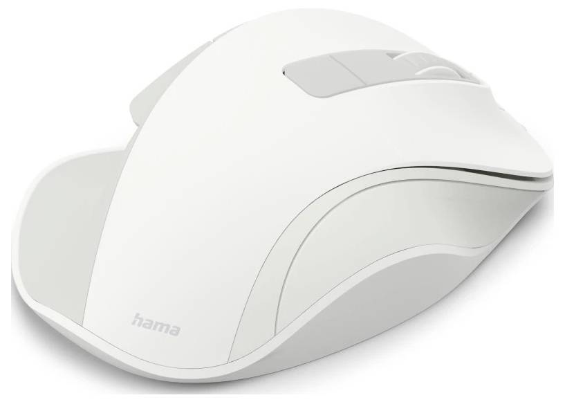 Eine weiße kabellose Computer-Maus mit ergonomischem Design, ausgestattet mit einem Scrollrad und zwei Tasten auf der Oberseite.