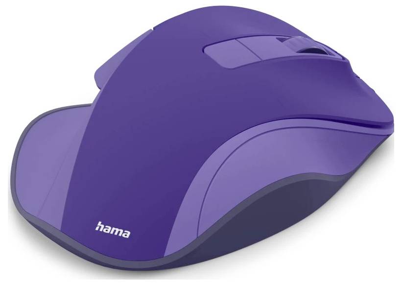 Eine lila Computermaus mit Scrollrad und ergonomischem Design, mit der Markenbezeichnung "hama", wird auf einem weißen Hintergrund präsentiert.