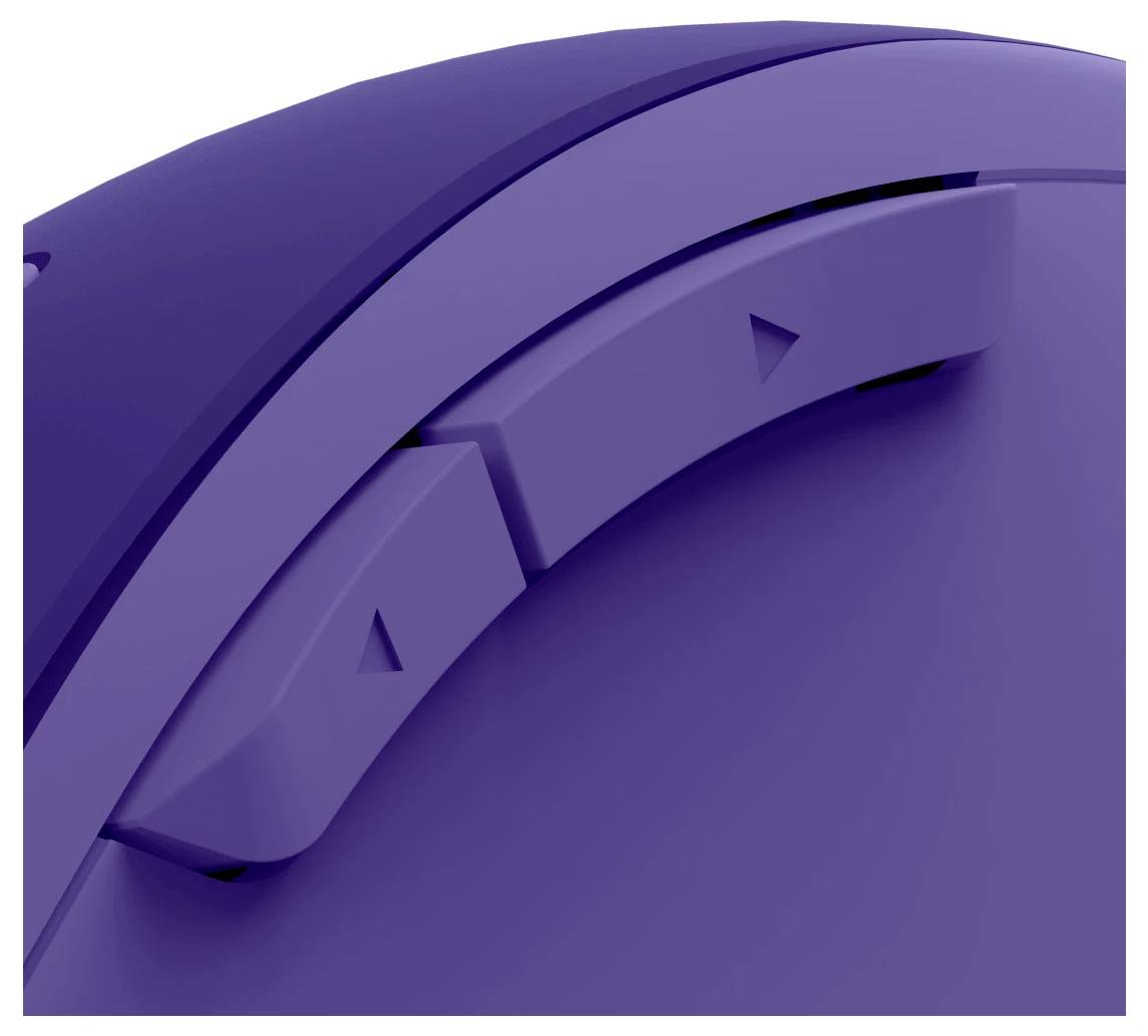 Nahaufnahme einer lila Computermaus mit zwei Seitentasten, die dreieckige Symbole tragen und ein ergonomisches Design hervorheben.