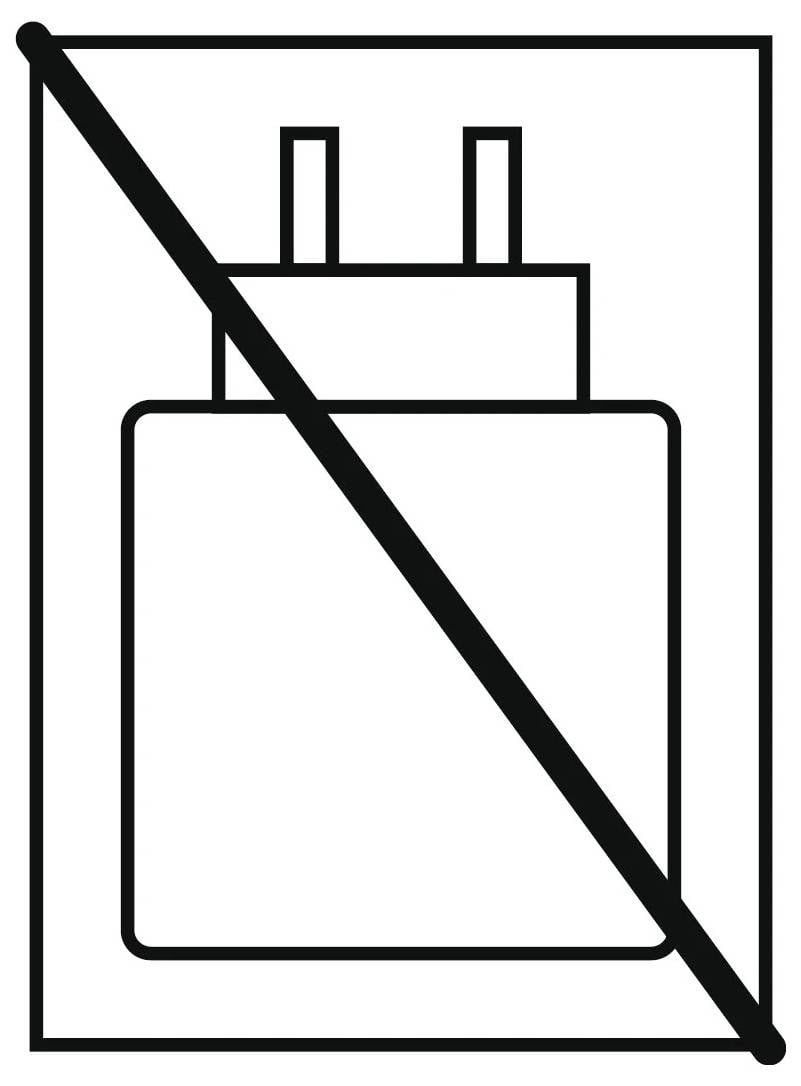 Eine Linienskizze eines Netzsteckers mit einem diagonal durchgestrichenen Symbol, das das Laden oder die Verwendung eines Netzadapters untersagt.