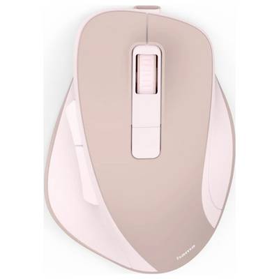 Eine hellrosa kabellose Computermaus mit Scrollrad und ergonomischem Design, mit dem Markennamen in der Nähe des unteren Bereichs.