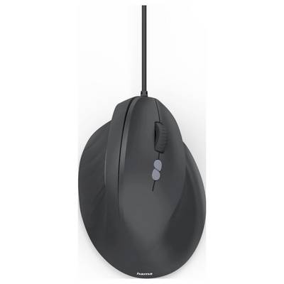 Eine schwarze ergonomische Computermaus mit vertikaler Bauweise, ausgestattet mit zwei Tasten und einem seitlich angebrachten Scrollrad für eine komfortable Handpositionierung.