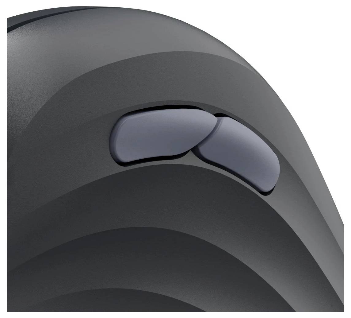 Eine Nahaufnahme von zwei schwarzen Tasten auf einer ergonomischen, geschwungenen Oberfläche einer Computermaus.