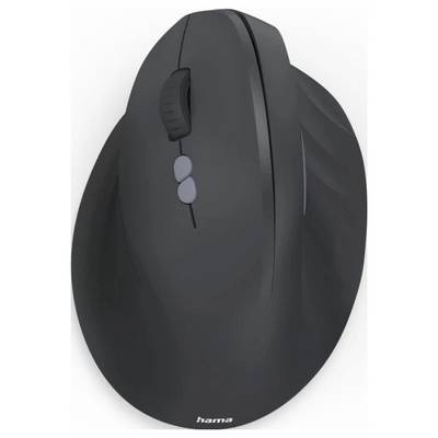 Ergonomische vertikale Computer-Maus in Schwarz mit zwei Seitentasten und einem Scrollrad, entwickelt für eine komfortable Handpositionierung.
