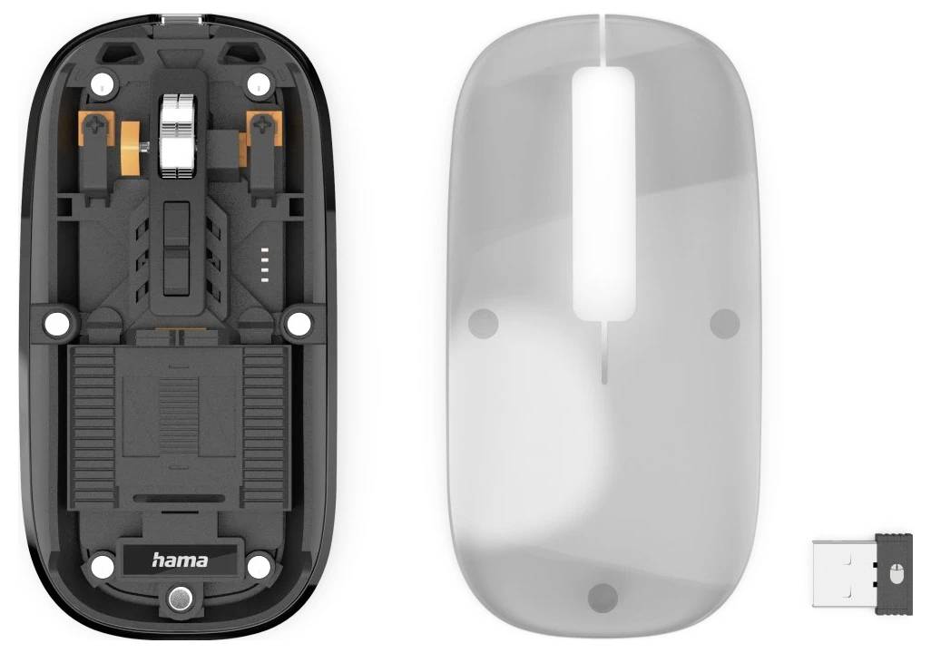 Kabellose Maus mit abgenommenem Deckel, der das Batteriefach und die Innenkomponenten freilegt, zusammen mit einem USB-Dongle und transparentem Deckel.