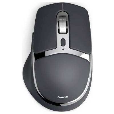 Eine schwarz-graue kabellose Computermaus mit Scrollrad und zwei Tasten. Der Markenname 'hama' erscheint am unteren Rand.