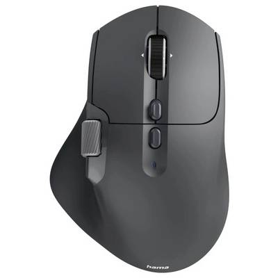 Eine schwarze ergonomische Computermaus mit mehreren Tasten und einem Scrollrad oben, die für einen komfortablen Griff und präzise Steuerung entwickelt wurde.