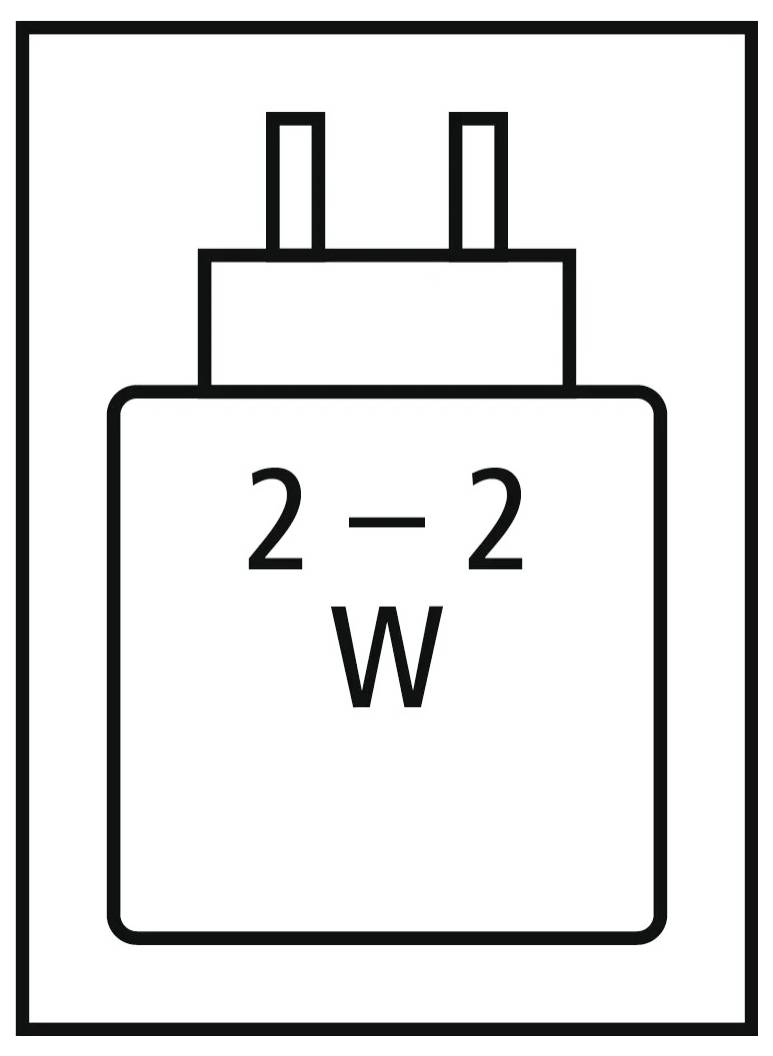 Eine einfache Darstellung eines elektrischen Steckers mit zwei Stiften, beschriftet mit '2-2 W', was wahrscheinlich eine Leistungsspezifikation oder einen Typ angibt.