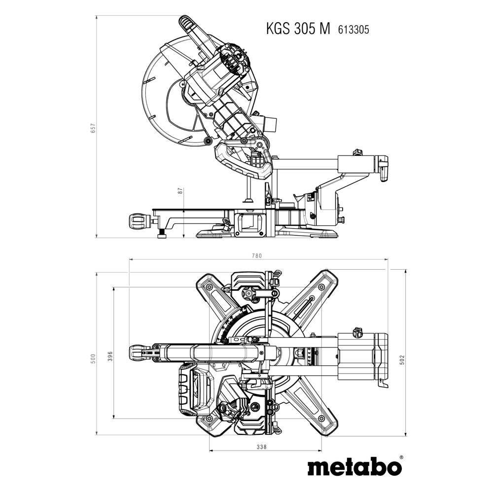 Technische Zeichnung der Metabo KGS 305 M Säge mit Seiten- und Draufsicht, die Abmessungen für präzise Messung und Konstruktion zeigt.