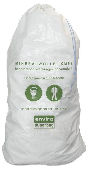 Eine weiße Tasche mit grünen Sicherheitssymbolen, die eine Gesichtsmaske und einen Overall zeigt. Text lautet: „Mineralwolle kann Krebs verursachen! Tragen Sie Schutzausrüstung!"