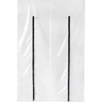 Ein transparenter Plastikvorhang mit zwei vertikalen schwarzen Reißverschlüssen, die mittig verlaufen, wahrscheinlich als Schutzbarriere verwendet.