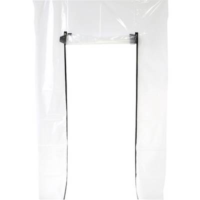 Ein transparenter Plastiktür-Bausatz mit Reißverschlussöffnung und schwarzem Rand, verwendet zur Staubabdichtung bei Bau- oder Renovierungsprojekten.