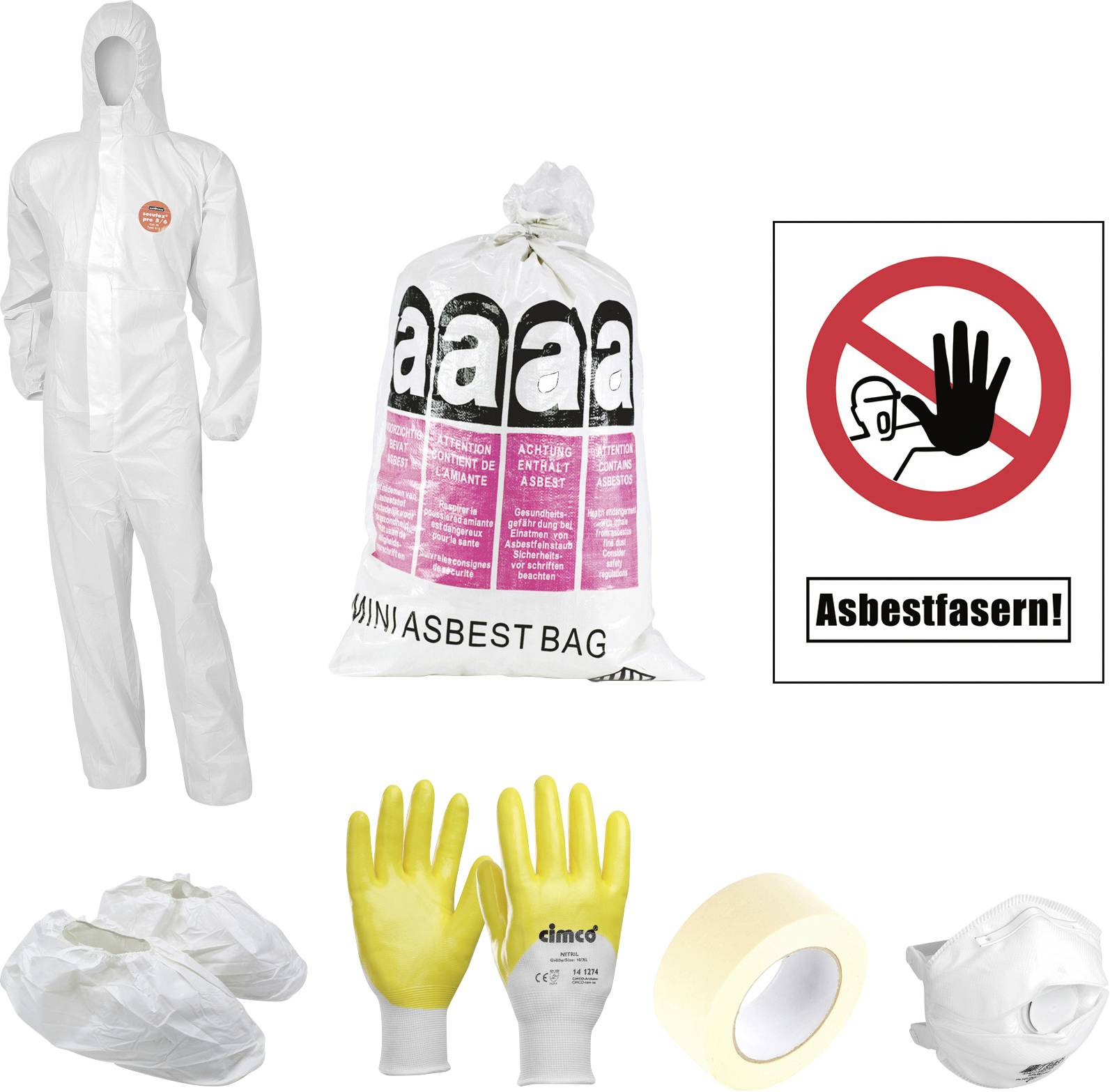 Schutzausrüstung mit einem weißen Anzug, Asbestentsorgungstasche, Warnschild ohne Asbestfasern, gelben Handschuhen, Überschuhen, Klebeband und einer Maske.