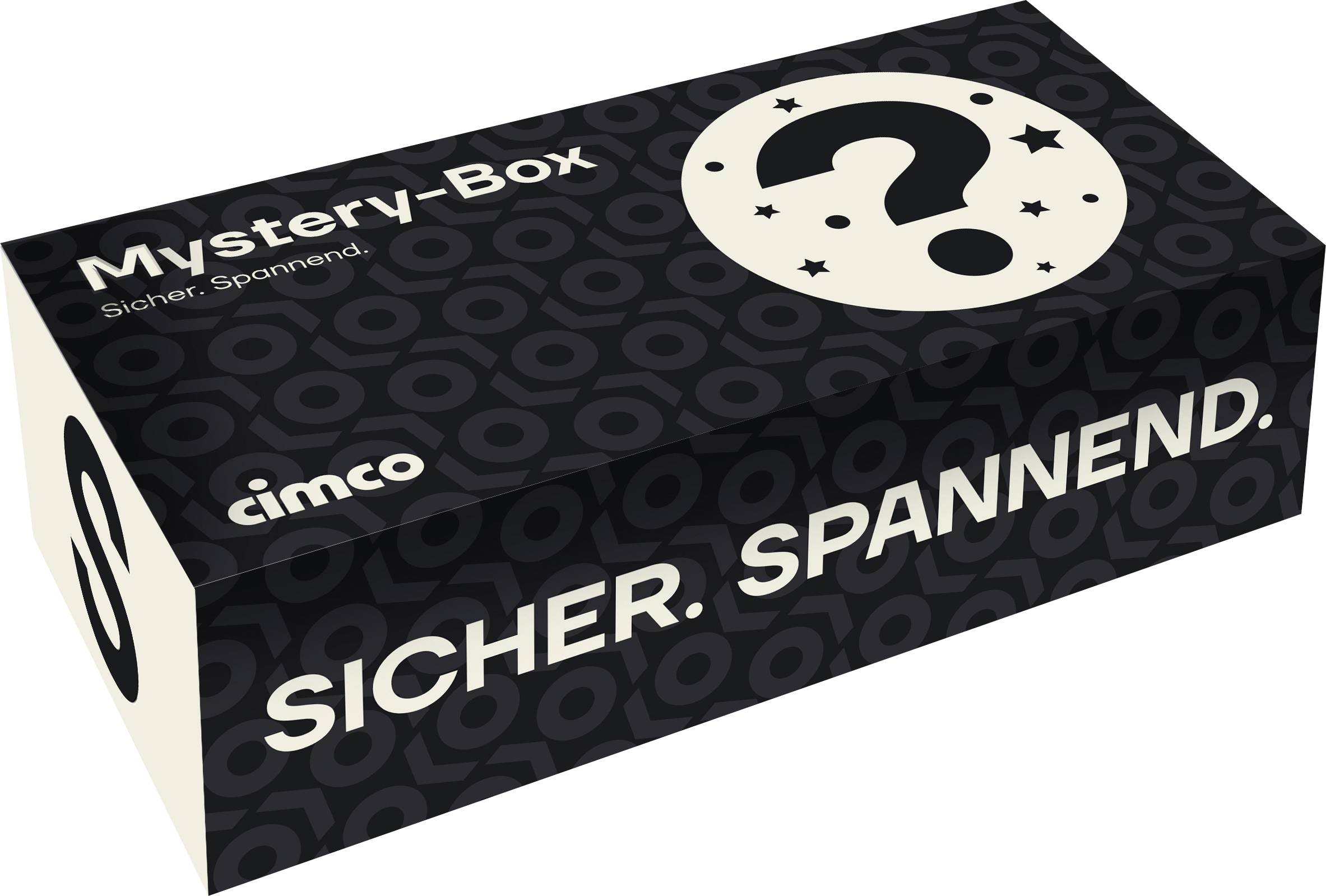 Schwarze Box mit der Beschriftung 'Mystery-Box' und einem Fragezeichen-Design. Text lautet 'Sicher. Spannend.' und 'cimco'.