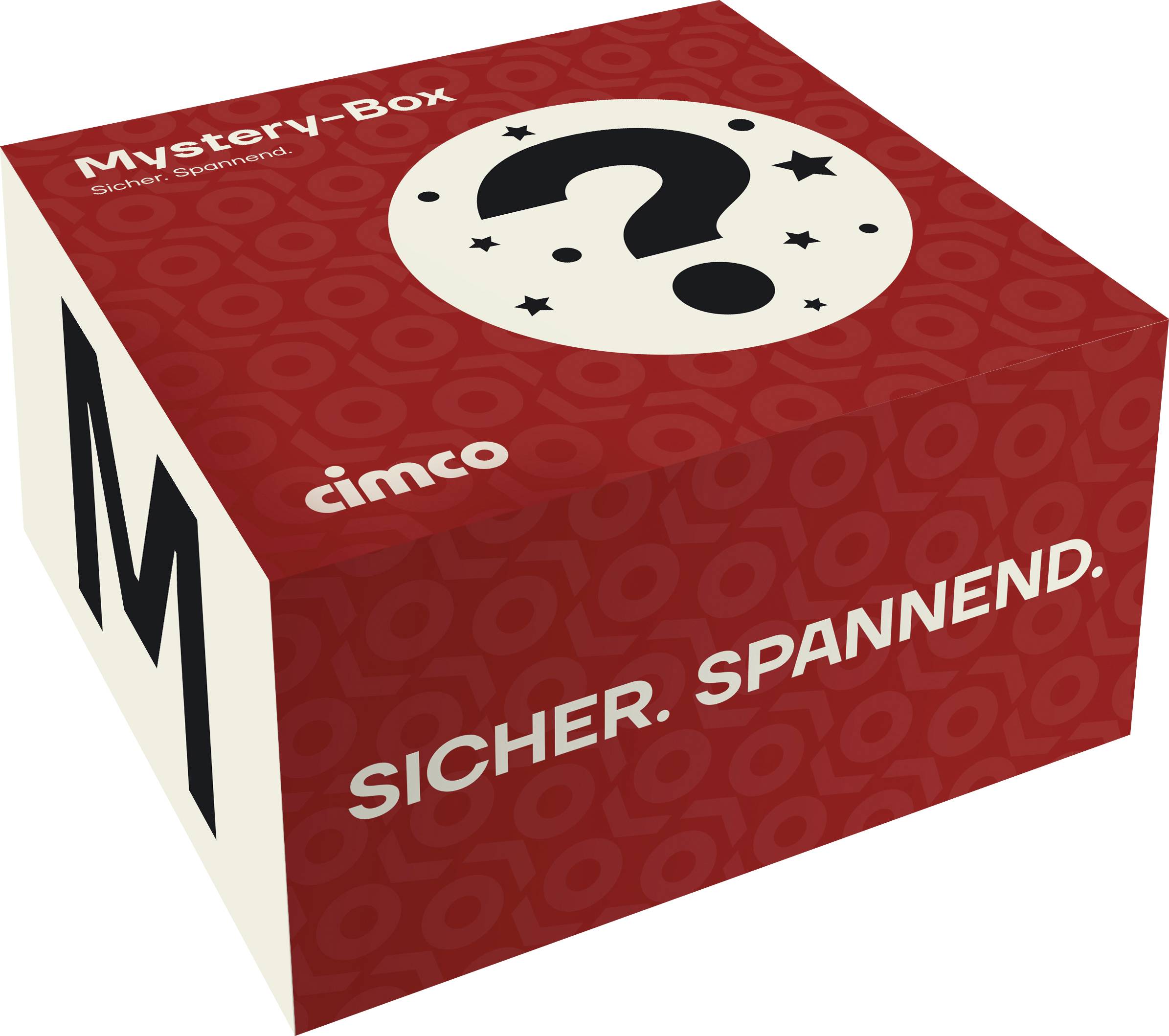 Eine rote Box mit der Aufschrift "Mystery-Box" und einem Fragezeichensymbol. Text lautet: "Sicher. Spannend."