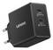 'Lenovo-Ladegerät mit zwei USB-C-Anschlüssen. USB-C1 unterstützt max. 65W, USB-C2 unterstützt max. 18W. Europäischer Steckertyp, Farbe schwarz.'