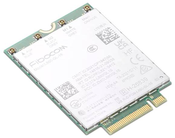 Modul mit der Bezeichnung 'Fibocom Model L850-GL-16' mit verschiedenen Zertifizierungsmarkierungen, das eine Leiterplatte und eine goldene Anschlussleiste aufweist.